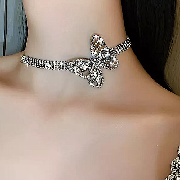 Silver Butterfly Crystal Rhinestone Choker - Picture 7 of 7